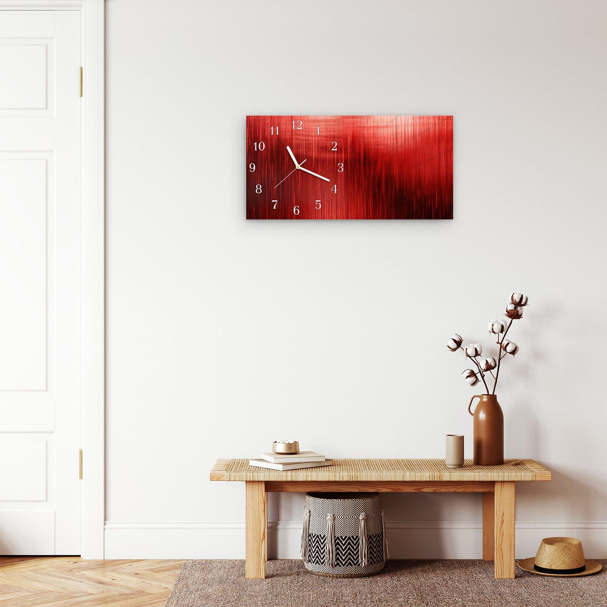 Moderne Wanduhr aus Glas mit Farbtiefe – Wanduhr Rote Textur aus Glas – Querformat 60 × 30 cm