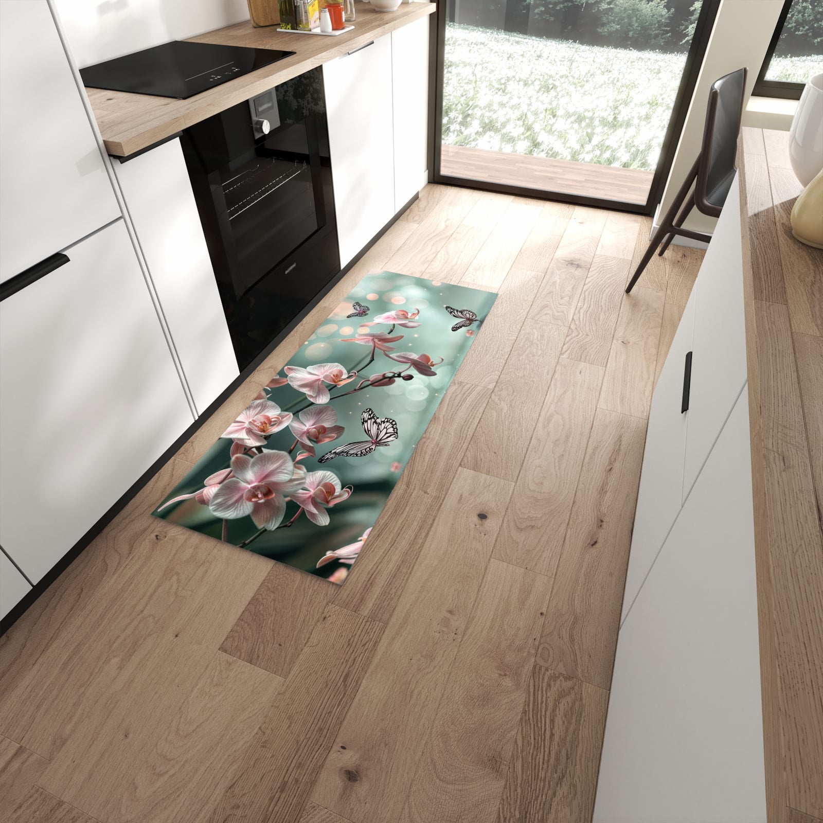 Langlebiger Küchenläufer mit Motiv Orchideen Schmetterling in moderner Küche #grösse_60 x 150 cm