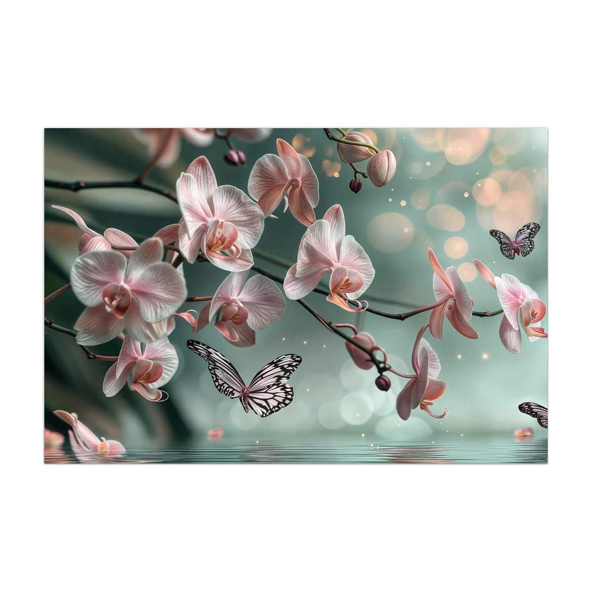 Küchenrückwand aus Glas Orchidee am Wasser im Hochformat, Motiv bildfüllend von vorn