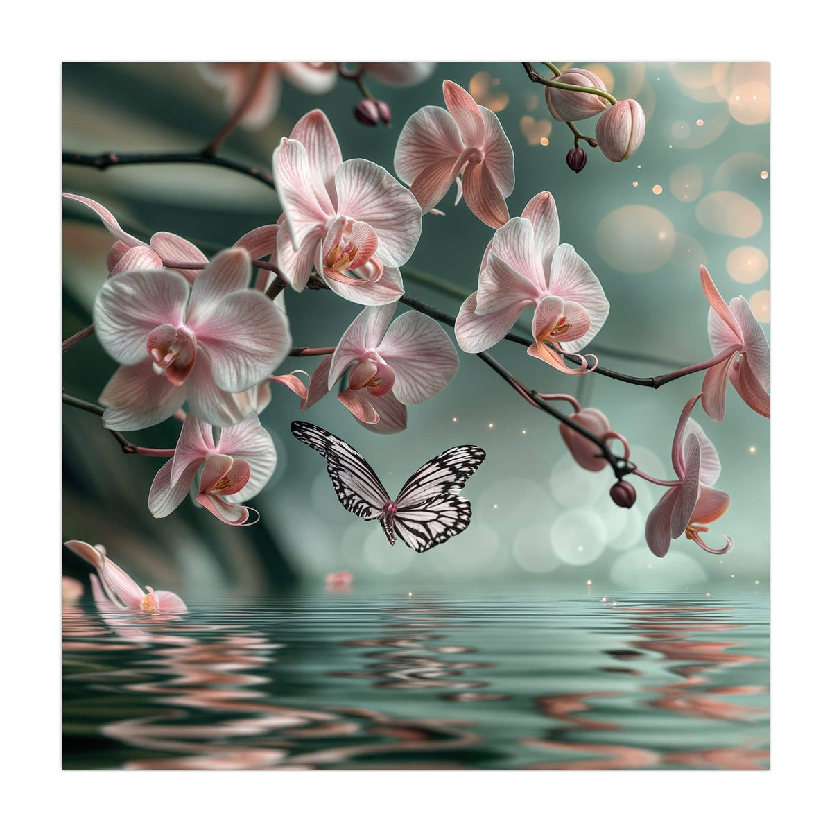Küchenrückwand aus Glas Orchidee am Wasser im quadratischen Format, Motiv bildfüllend von vorn