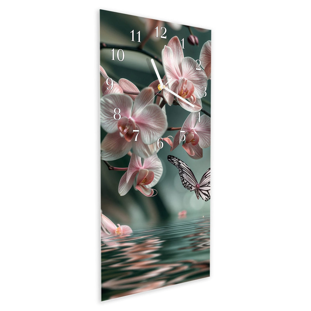 Vormontiert – mit Schwebeeffekt – Wanduhr Orchideen Schmetterling aus Glas – Hochformat 30 × 60 cm