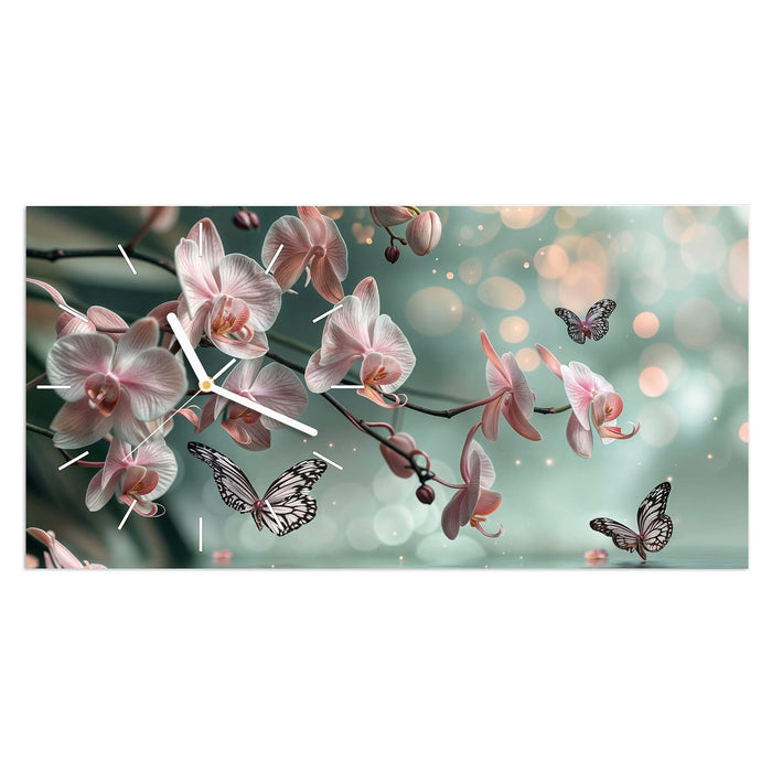 Wanduhr Orchideen Schmetterling aus Glas – Querformat 60 × 30 cm mit Ziffernblatt Linie