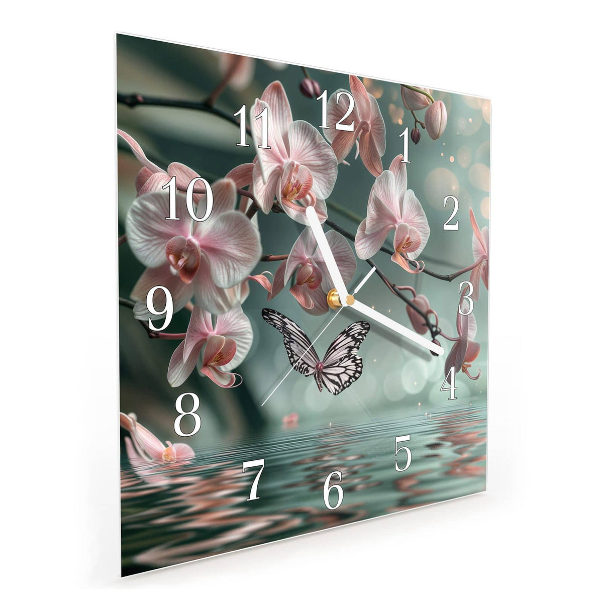Quadratische Wanduhr aus Glas Orchidee am Wasser schräg von der Seite, 4 mm starkes Glas