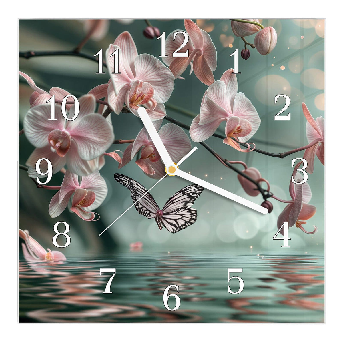 Wanduhr aus Glas, Ziffernblatt Klassisch: Rosa Orchideenzweige über einer spiegelnden Wasserfläche, dazu ein gezeichneter Schmetterling.