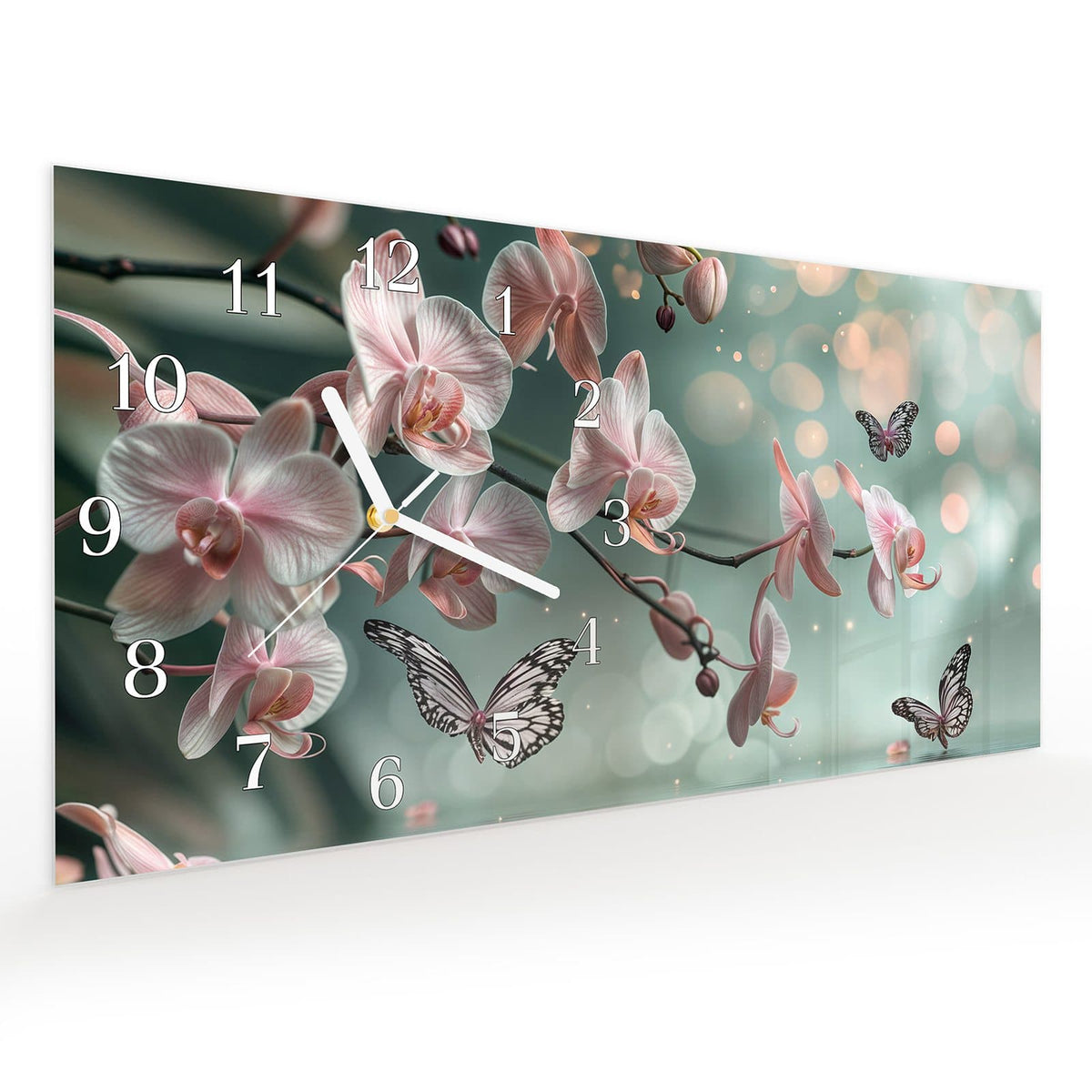 Vormontiert – mit Schwebeeffekt – Wanduhr Orchideen Schmetterling aus Glas – Querformat 60 × 30 cm