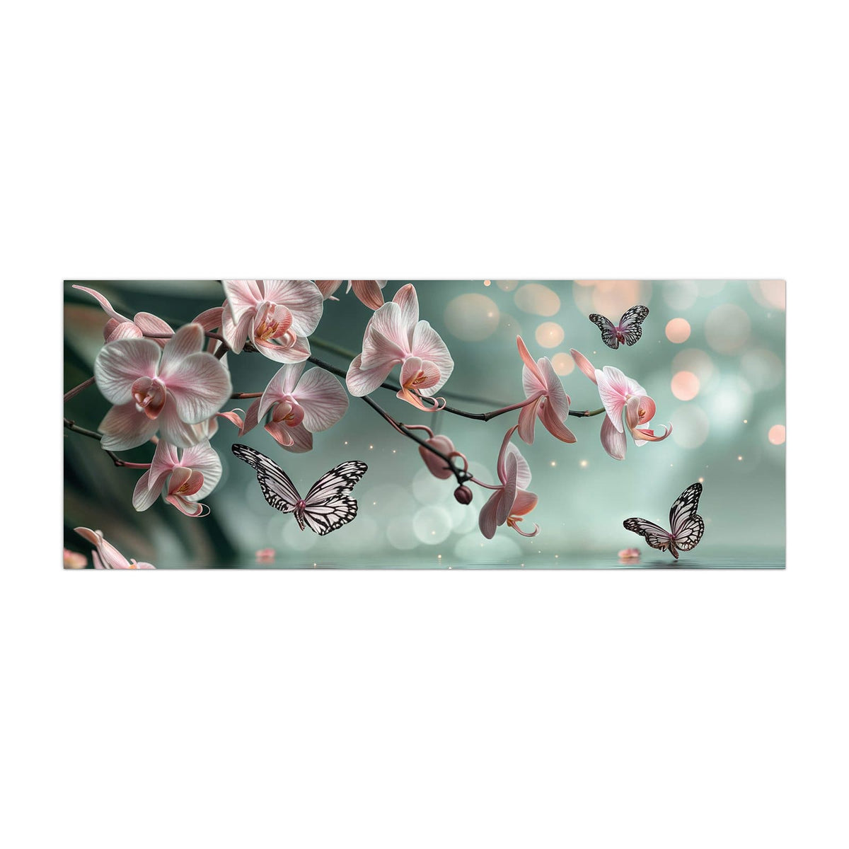 Küchenrückwand aus Glas Orchidee am Wasser im Hochformat, Motiv bildfüllend von vorn
