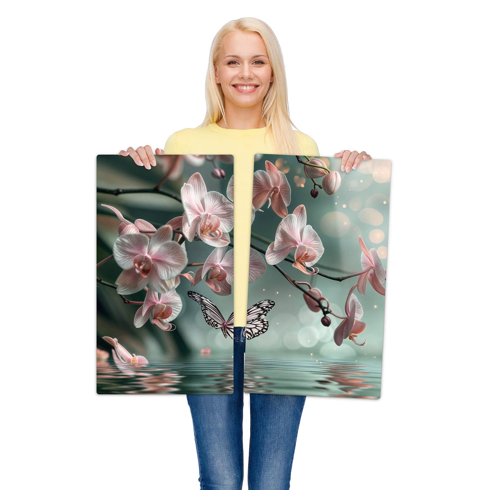 2-teilige Glasabdeckplatte für Ceranfeld mit Orchideen Schmetterling-Motiv wird zur Größendarstellung gehalten