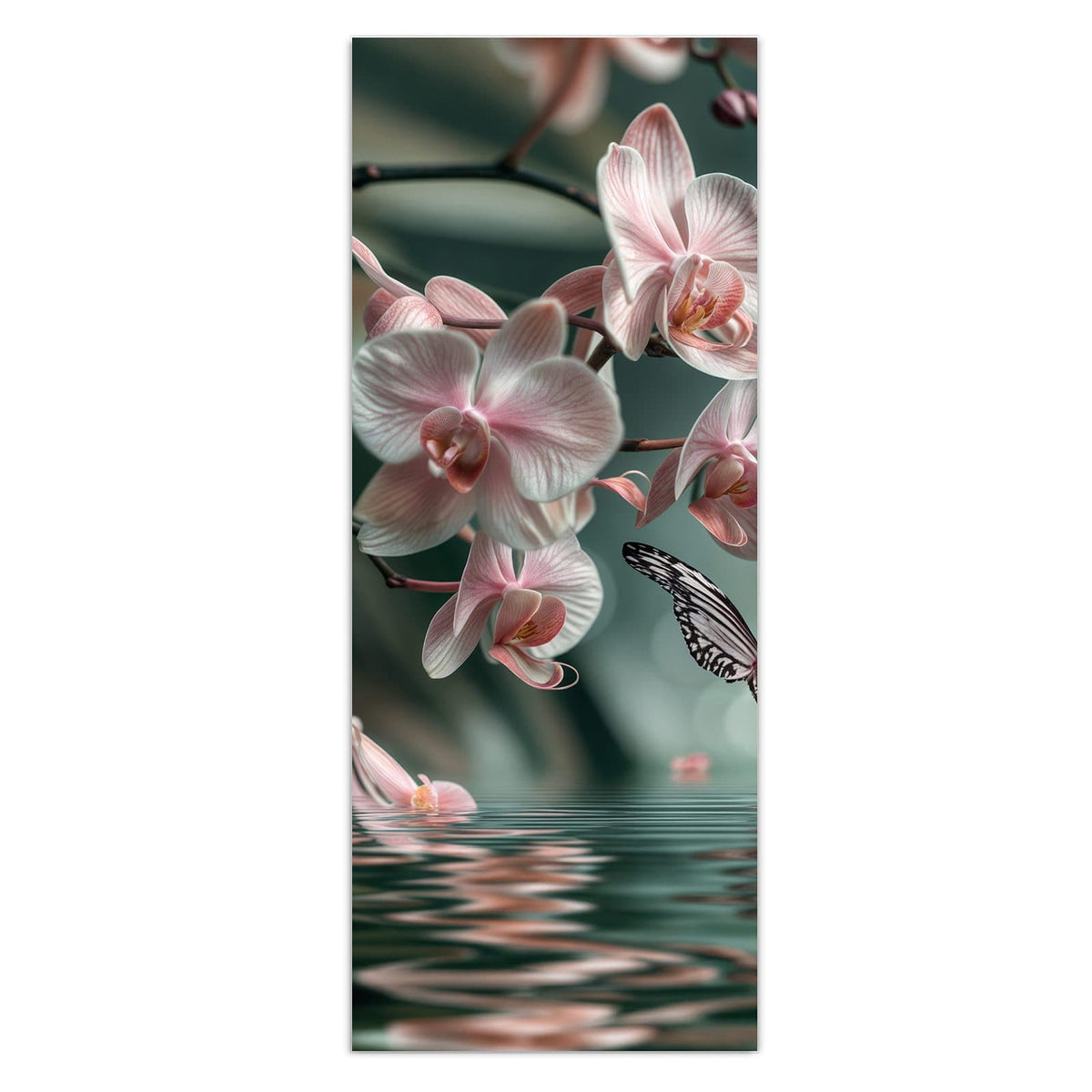 Rosa Orchideenzweige über einer spiegelnden Wasserfläche, dazu ein gezeichneter Schmetterling.