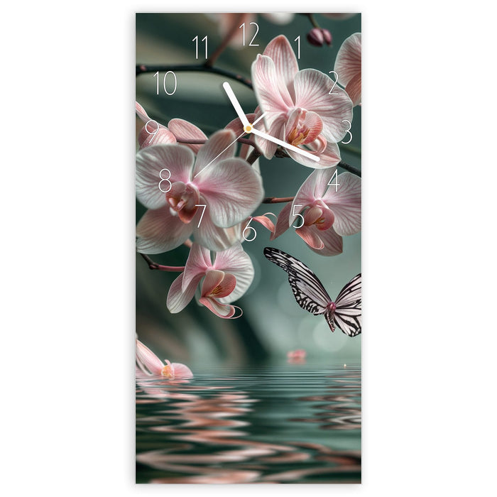 Wanduhr Orchideen Schmetterling aus Glas – Hochformat 30 × 60 cm mit Ziffernblatt Elegant