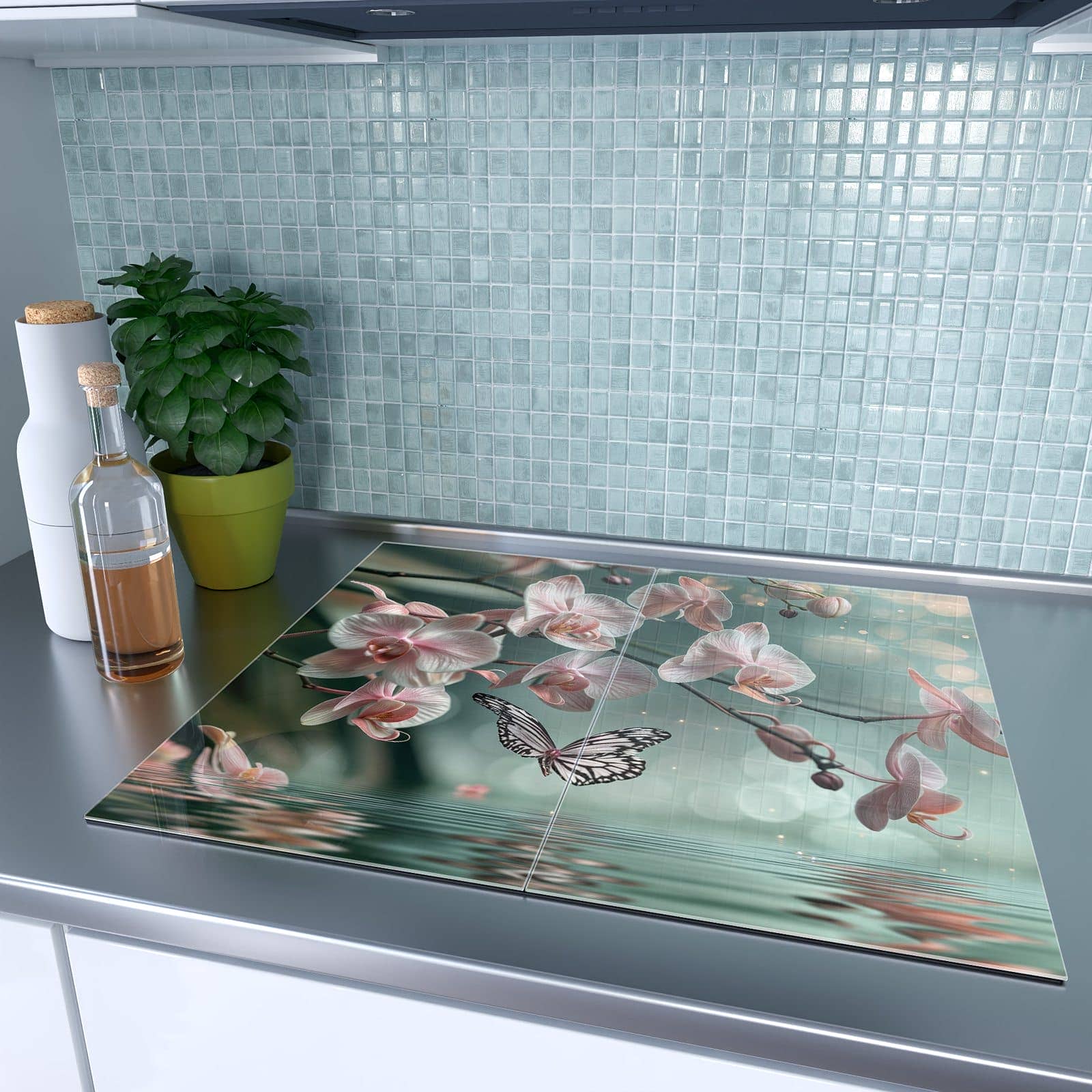 2-teilige Herdabdeckplatten für Ceranfeld mit Orchideen Schmetterling-Motiv in moderner Küche
