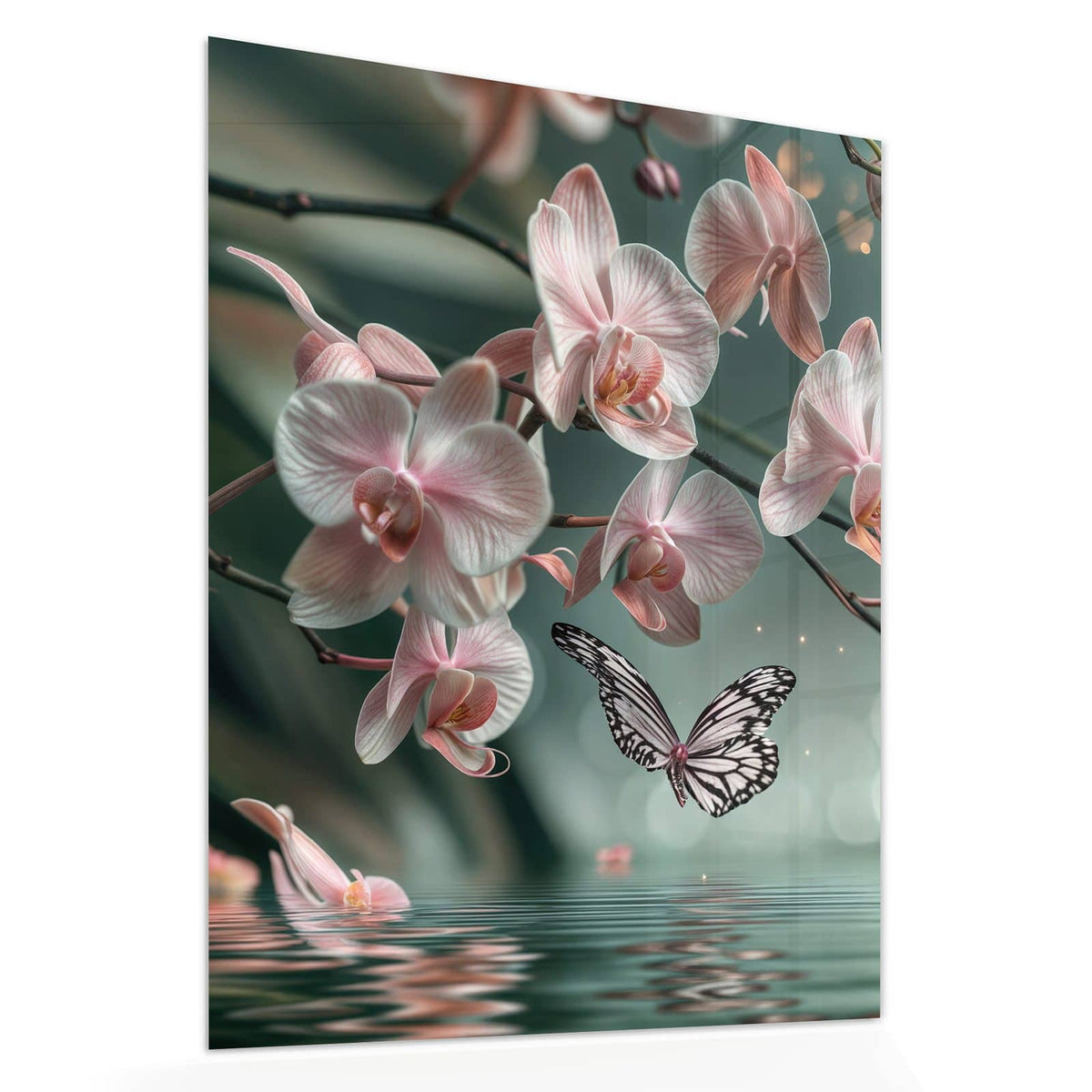 Echtglas, 4 mm – kein Acryl, keine Folie – Wandbild - Orchidee am Wasser - Hochformat