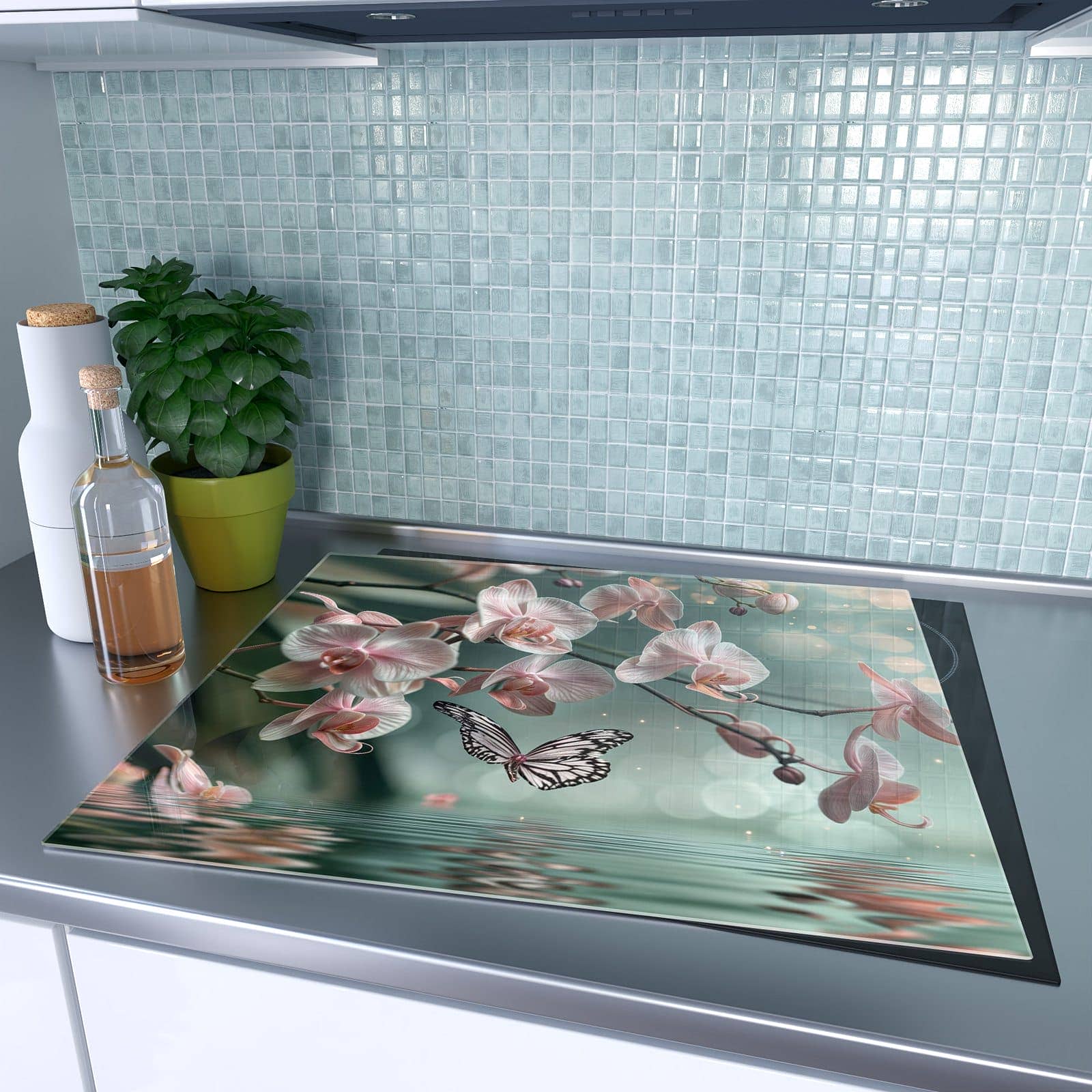 1-teilige Abdeckplatten für Ceranfeld mit Orchideen Schmetterling-Motiv auf dem Ceranfeld