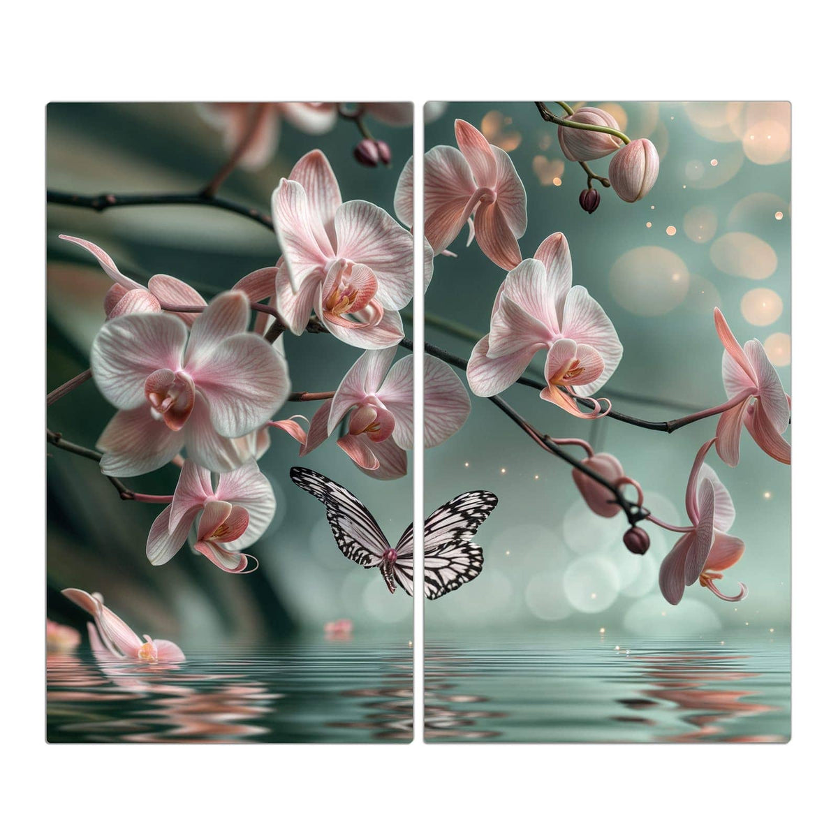 Rosa Orchideenzweige über einer spiegelnden Wasserfläche, dazu ein gezeichneter Schmetterling.