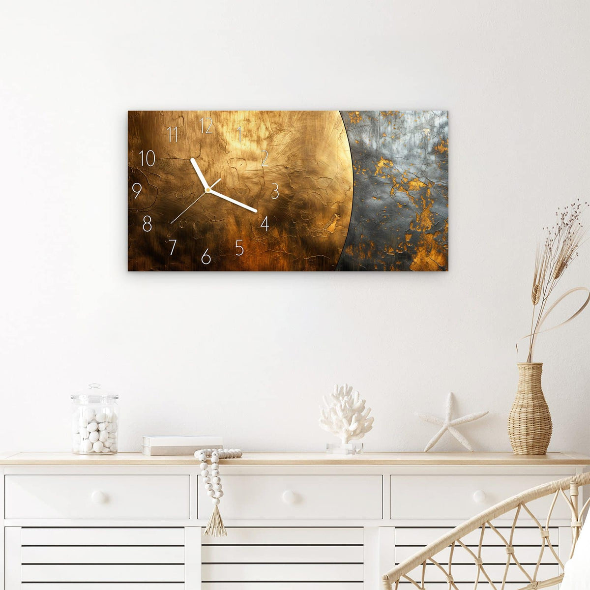 Wanduhr Metallische Textur aus Glas – Querformat 60 × 30 cm – Gold trifft kühles Blaugrau