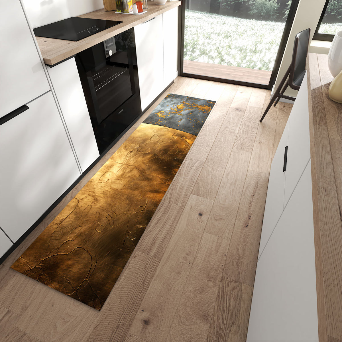 Geruchsneutraler Bodenläufer Teppich mit Motiv Metallische Textur in moderner Küche