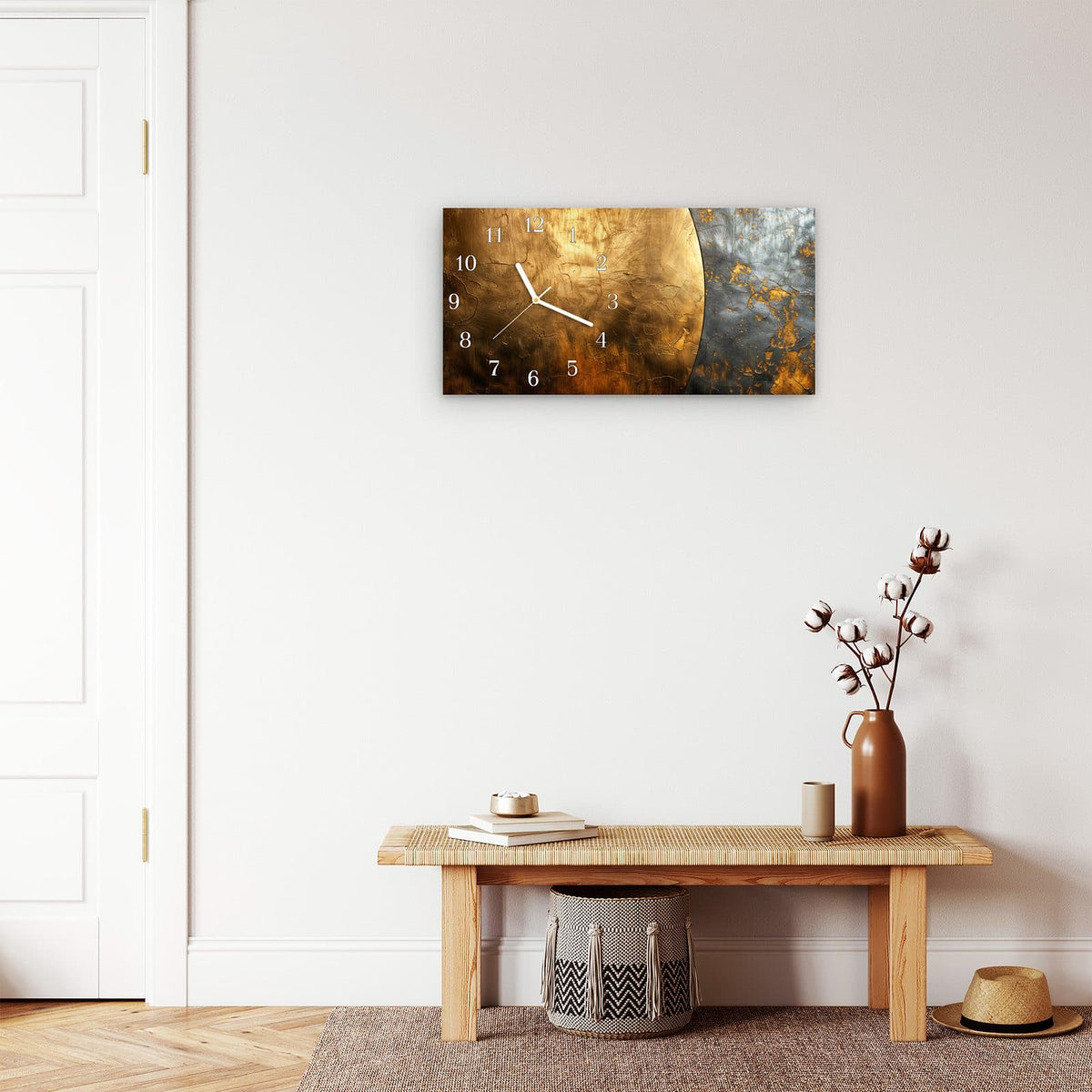 Moderne Wanduhr aus Glas mit Farbtiefe – Wanduhr Metallische Textur aus Glas – Querformat 60 × 30 cm