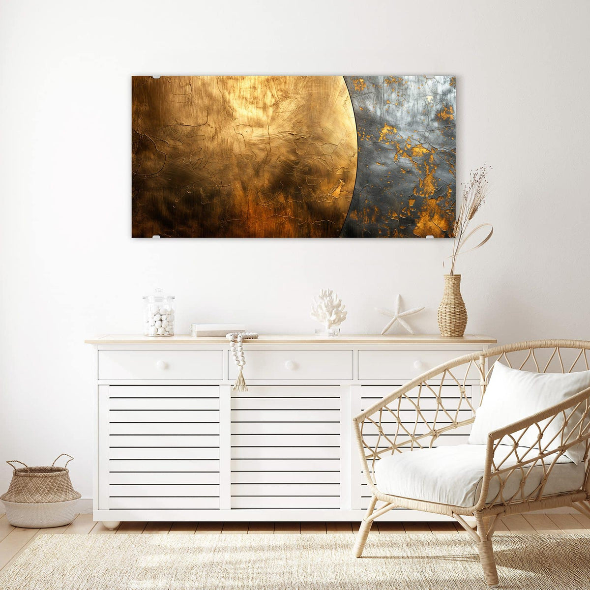 Echtglas, 4 mm – kein Acryl, keine Folie – Wandbild - Goldbogen auf Grau - Querformat
