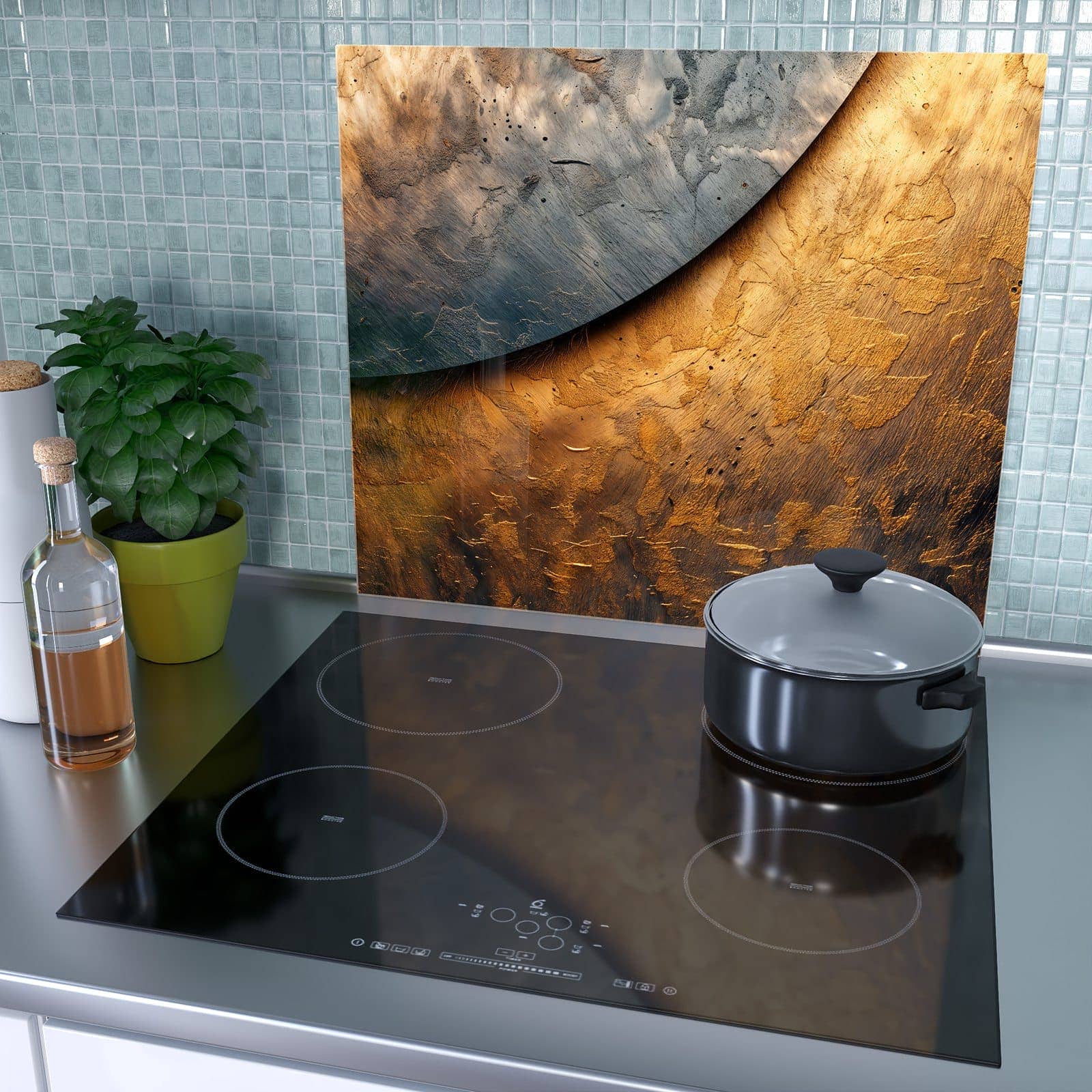 1-teilige Glasabdeckplatte für Ceranfeld mit Abstraktes Metall-Motiv als Spritzschutz hinter dem Kochfeld