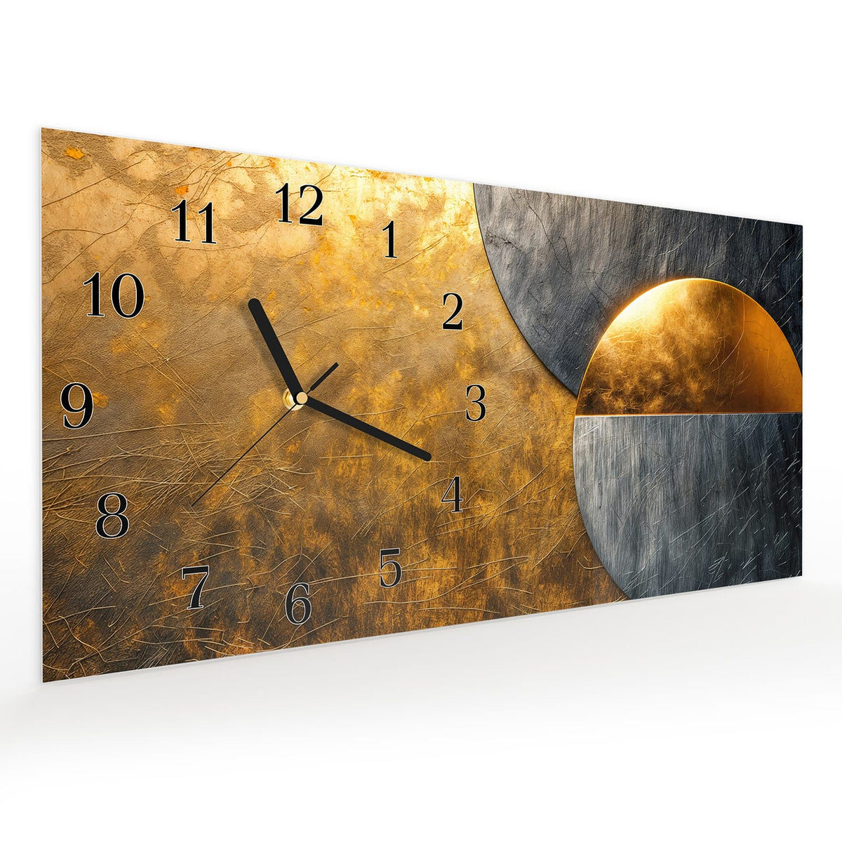 Vormontiert – mit Schwebeeffekt – Wanduhr Metallkreise Gold Silber aus Glas – Querformat 60 × 30 cm