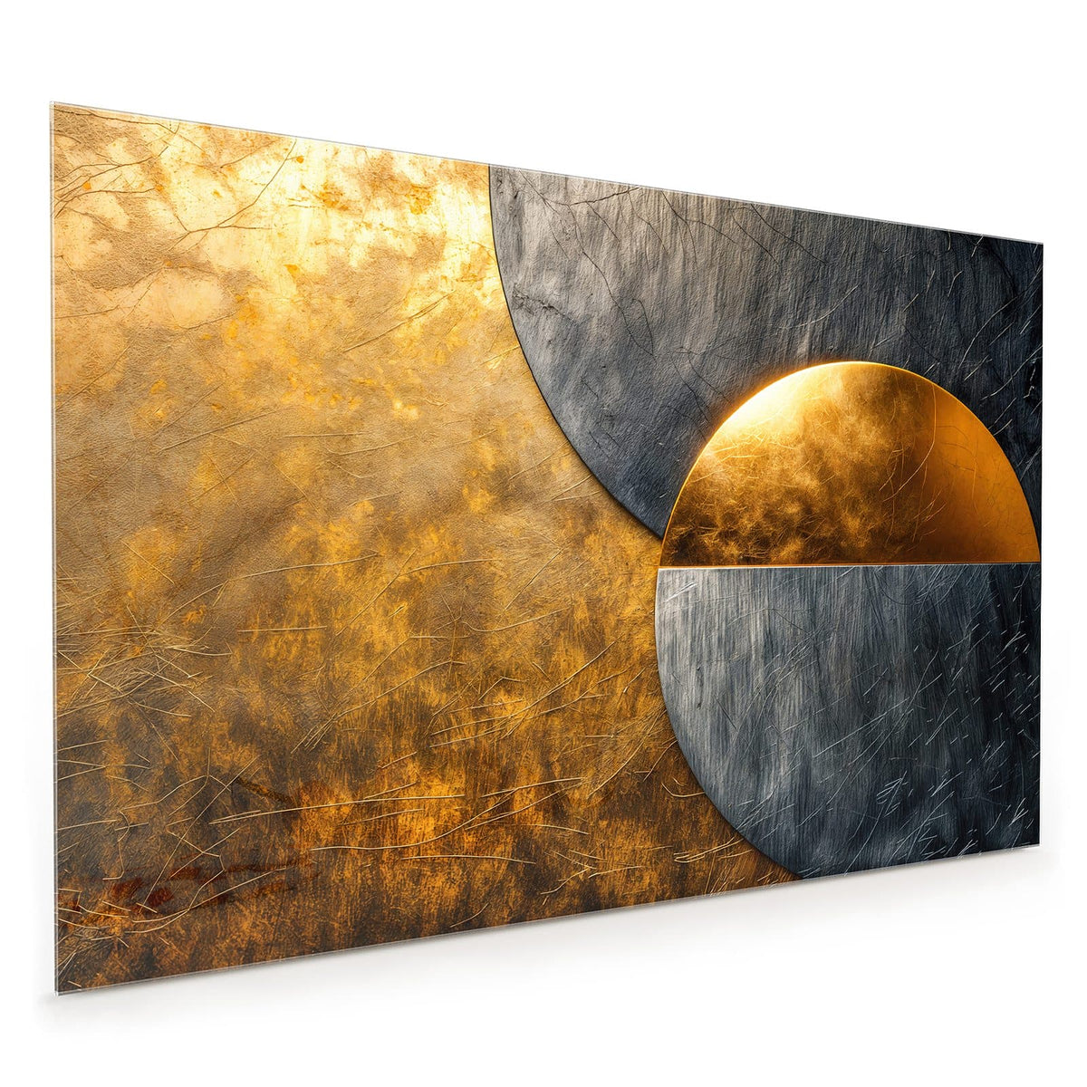 Küchenrückwand aus Glas im Hochformat: Großer goldener Halbkreis und graue Metallkreise, überlappend