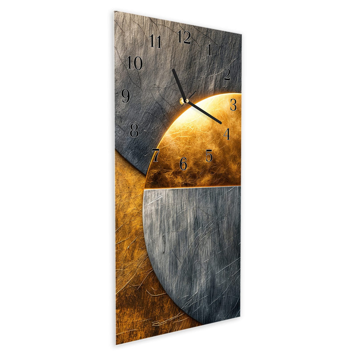 Vormontiert – mit Schwebeeffekt – Wanduhr Metallkreise Gold Silber aus Glas – Hochformat 30 × 60 cm