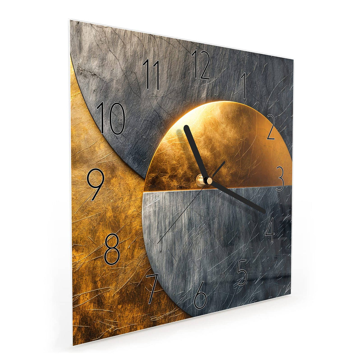 Quadratische Wanduhr aus Glas Kreise in Gold und Grau schräg von der Seite, 4 mm starkes Glas