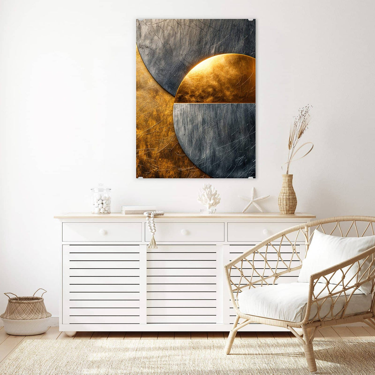 Aufhängung liegt bei – Motiv später wechselbar – Wandbild - Kreise in Gold und Grau - Hochformat