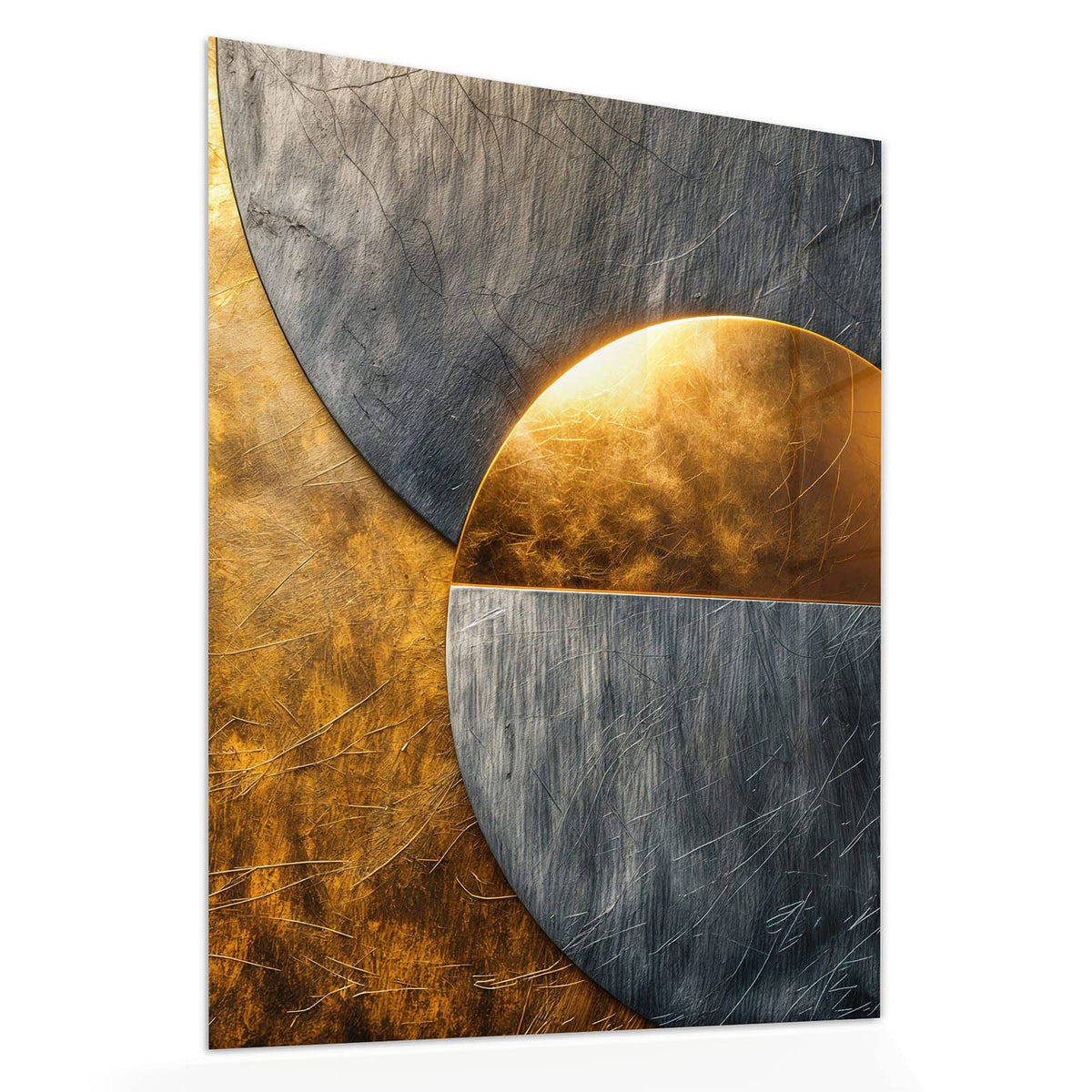 Echtglas, 4 mm – kein Acryl, keine Folie – Wandbild - Kreise in Gold und Grau - Hochformat