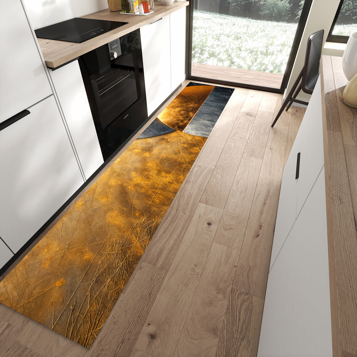 13 Größen – von 60 × 90 bis 80 × 300 cm – Küchenläufer - Kreise in Gold und Grau