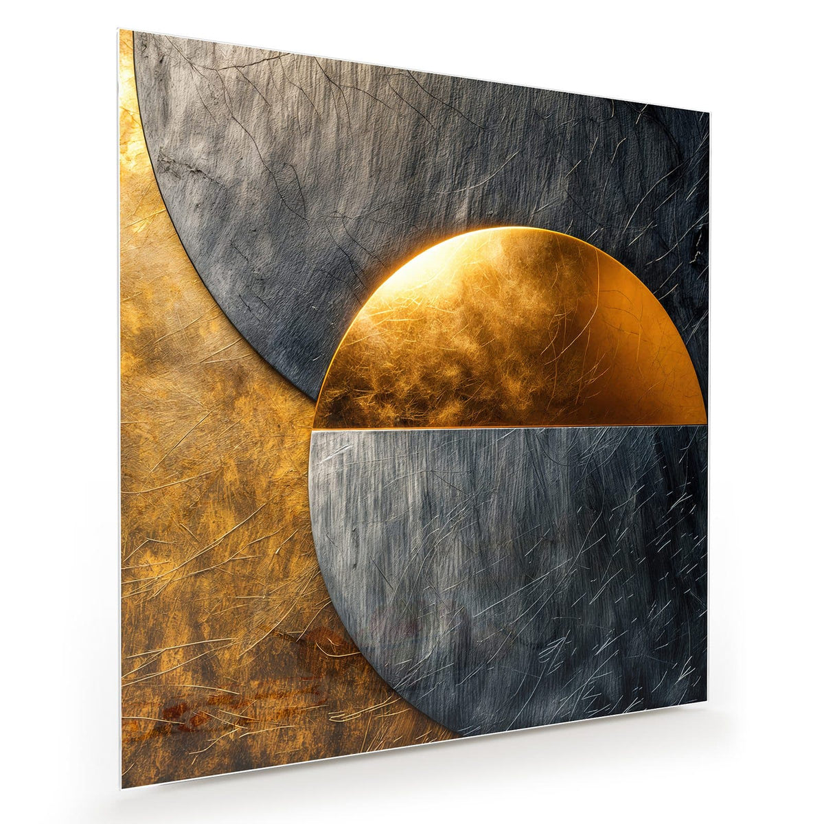großer goldener Halbkreis und graue Metallkreise, überlappend