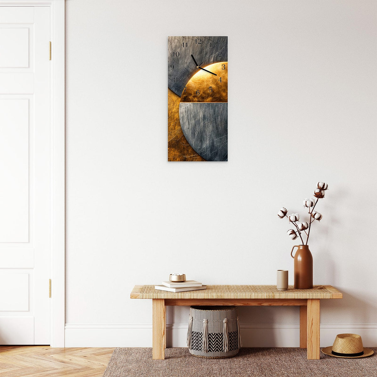 Moderne Wanduhr aus Glas mit Farbtiefe – Wanduhr Metallkreise Gold Silber aus Glas – Hochformat 30 × 60 cm