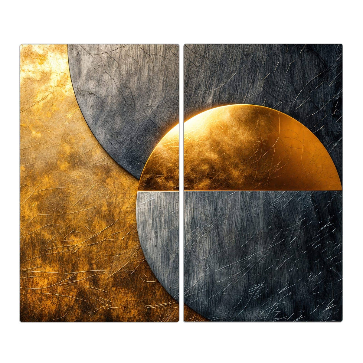 großer goldener Halbkreis und graue Metallkreise, überlappend