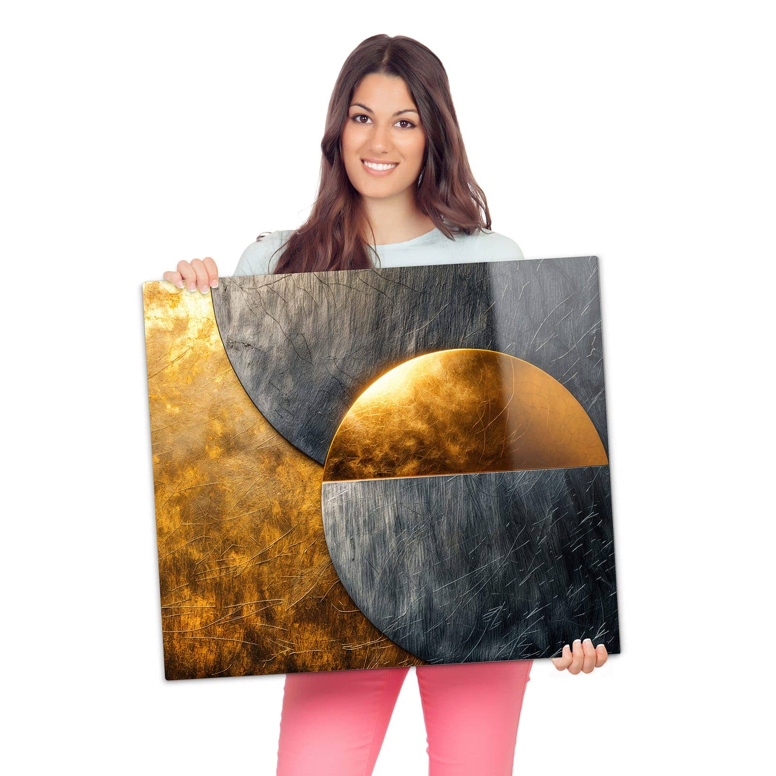 1-teilige Herdabdeckplatte aus Glas mit Metallkreise Gold Silber-Motiv wird zur Größendarstellung gehalten