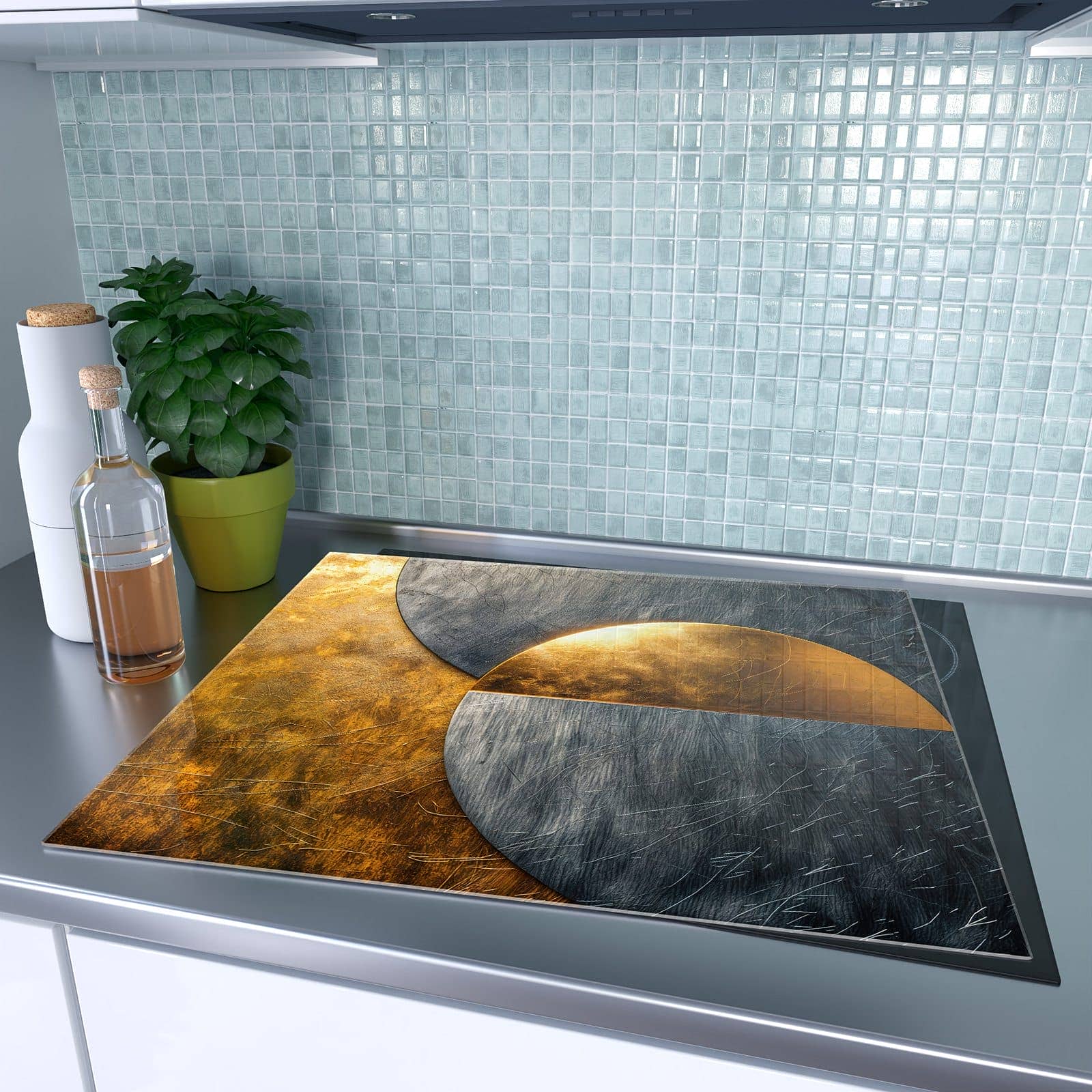 1-teilige Herdabdeckplatten mit Metallkreise Gold Silber-Motiv auf dem Ceranfeld