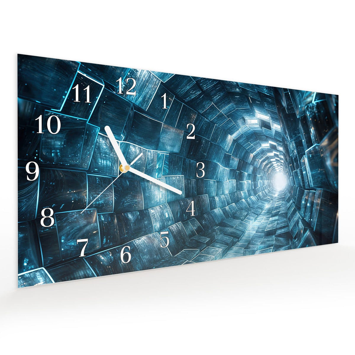 Vormontiert – mit Schwebeeffekt – Wanduhr Futuristischer Tunnel aus Glas – Querformat 60 × 30 cm