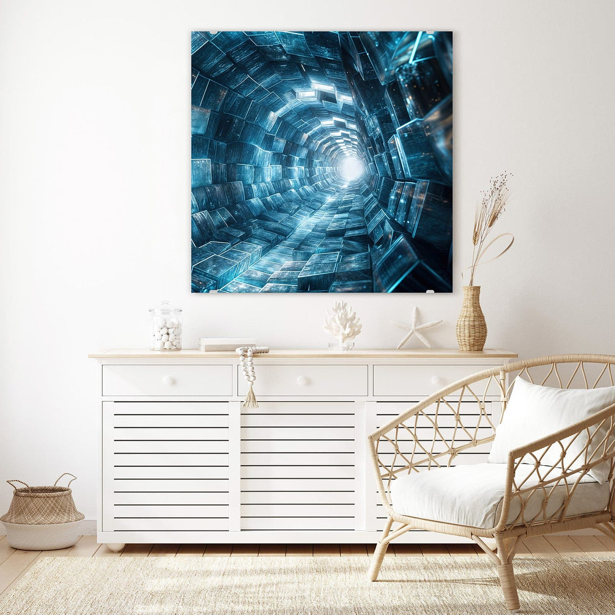 Echtglas, 4 mm – kein Acryl, keine Folie – Wandbild - Futuristischer Tunnel - Quadratisch