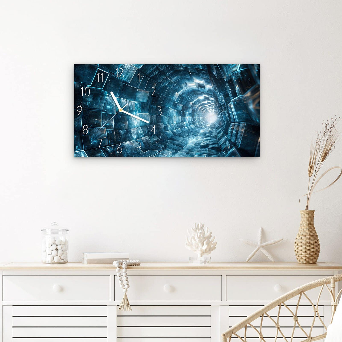 Wanduhr Futuristischer Tunnel aus Glas – Querformat 60 × 30 cm – Schimmernder Tunnel in Blau und Silber