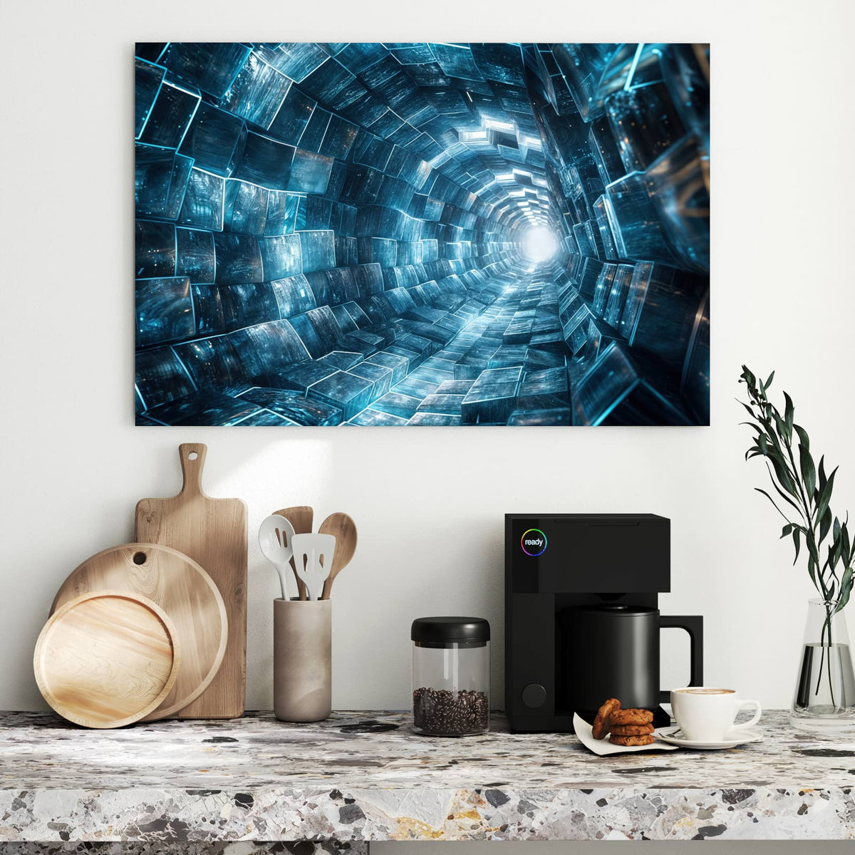 Metall Magnettafel - Futuristischer Tunnel – Schimmernder Tunnel in Blau und Silber