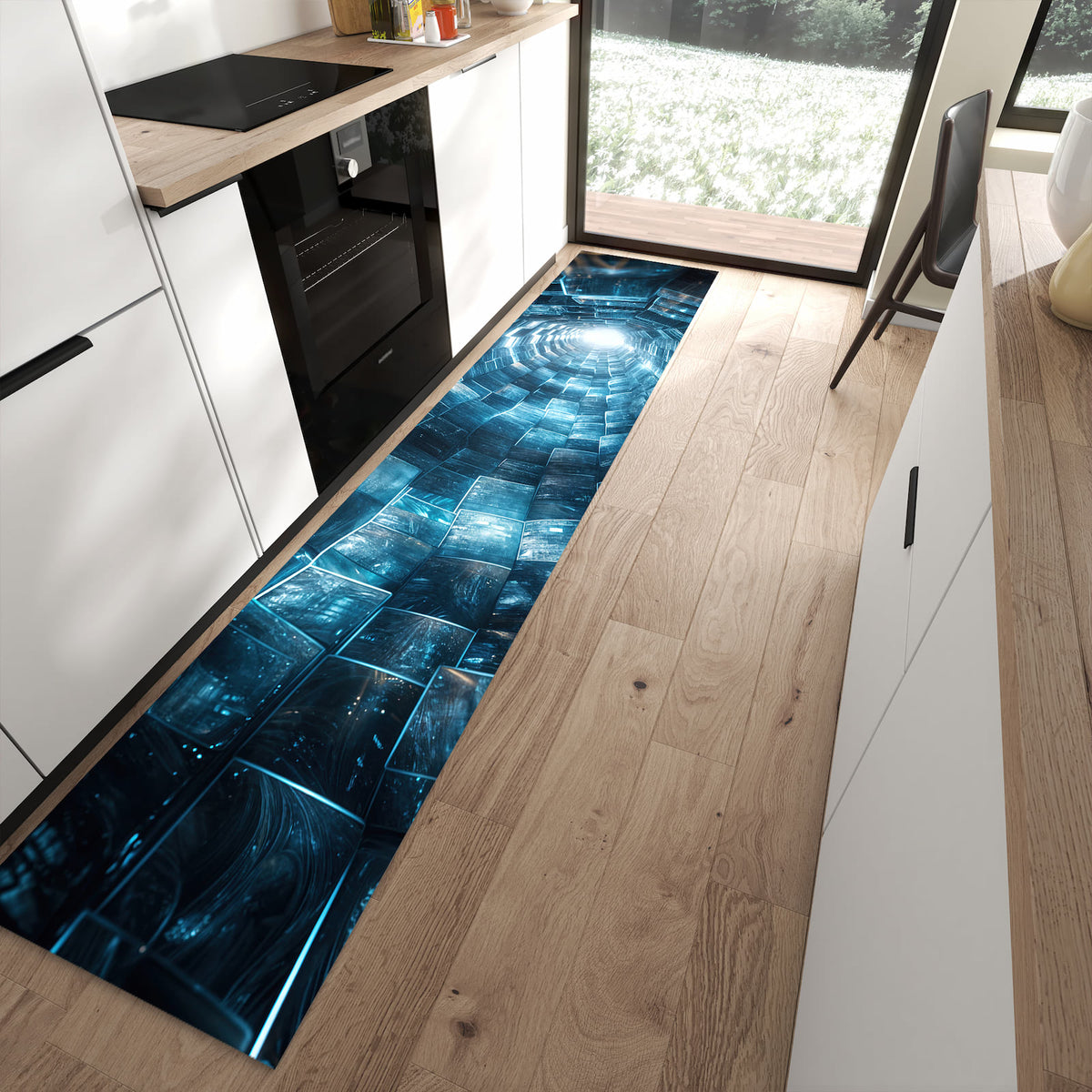 Waschbarer Küchenläufer mit Motiv Futuristischer Tunnel in moderner Küche für sicheres Aufbewahren