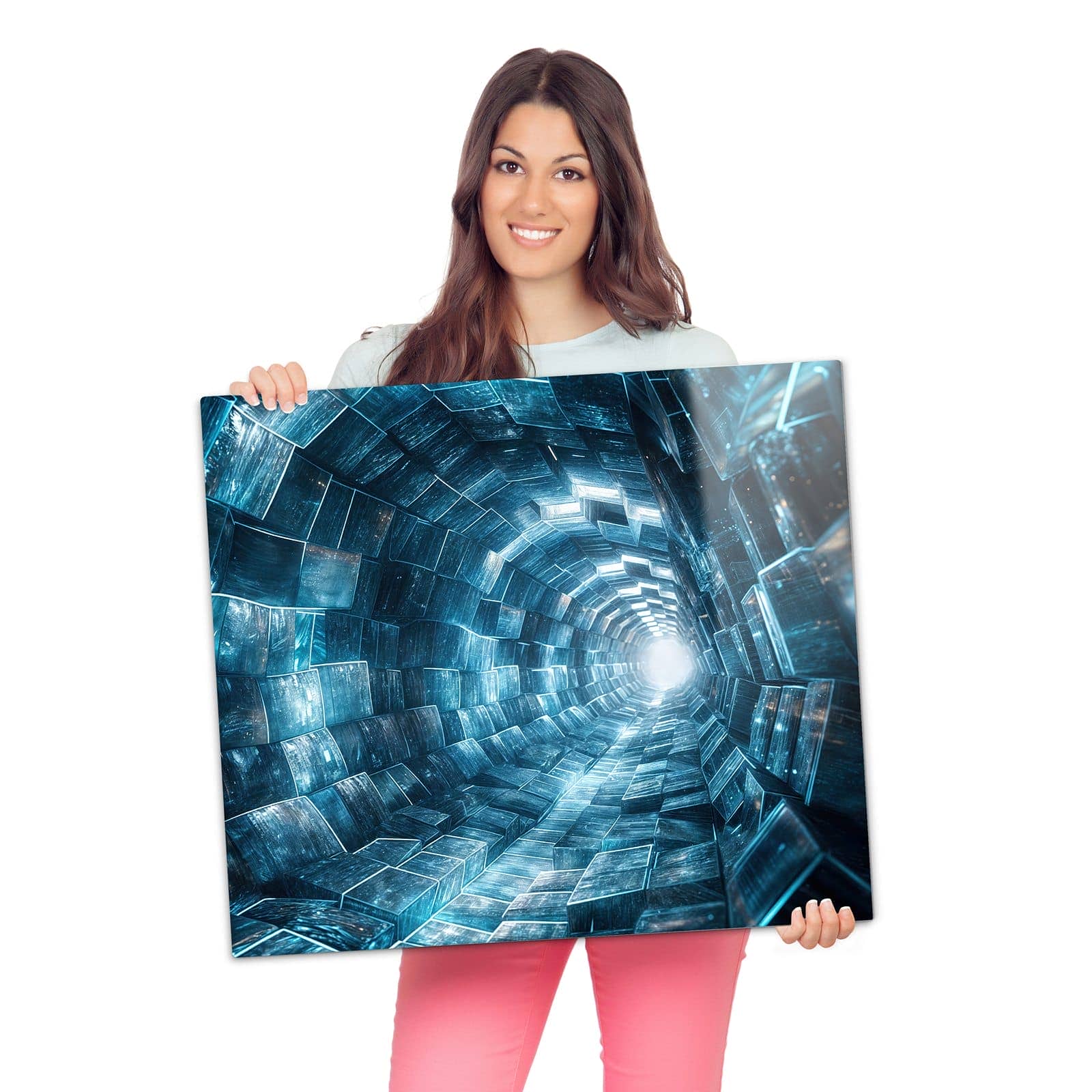Abdeckplatte für Ceranfeld mit Futuristischer Tunnel-Motiv wird zur Größendarstellung gehalten