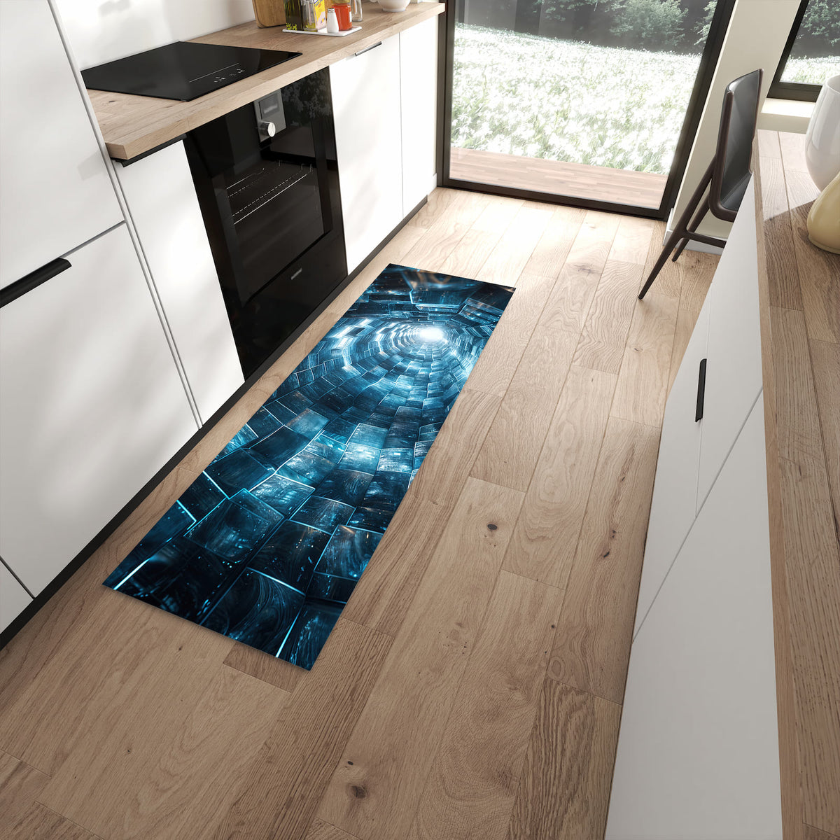Bodenschonender Küchenläufer mit Motiv Futuristischer Tunnel in moderner Küche