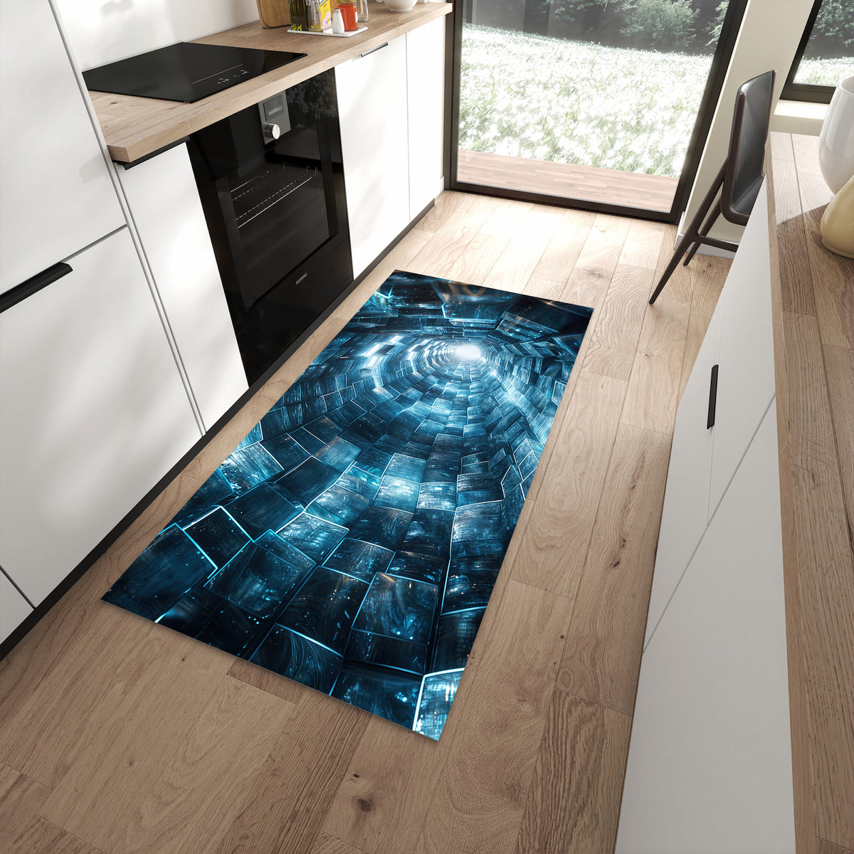Wasserabweisender Küchenläufer mit Motiv Futuristischer Tunnel in moderner Küche