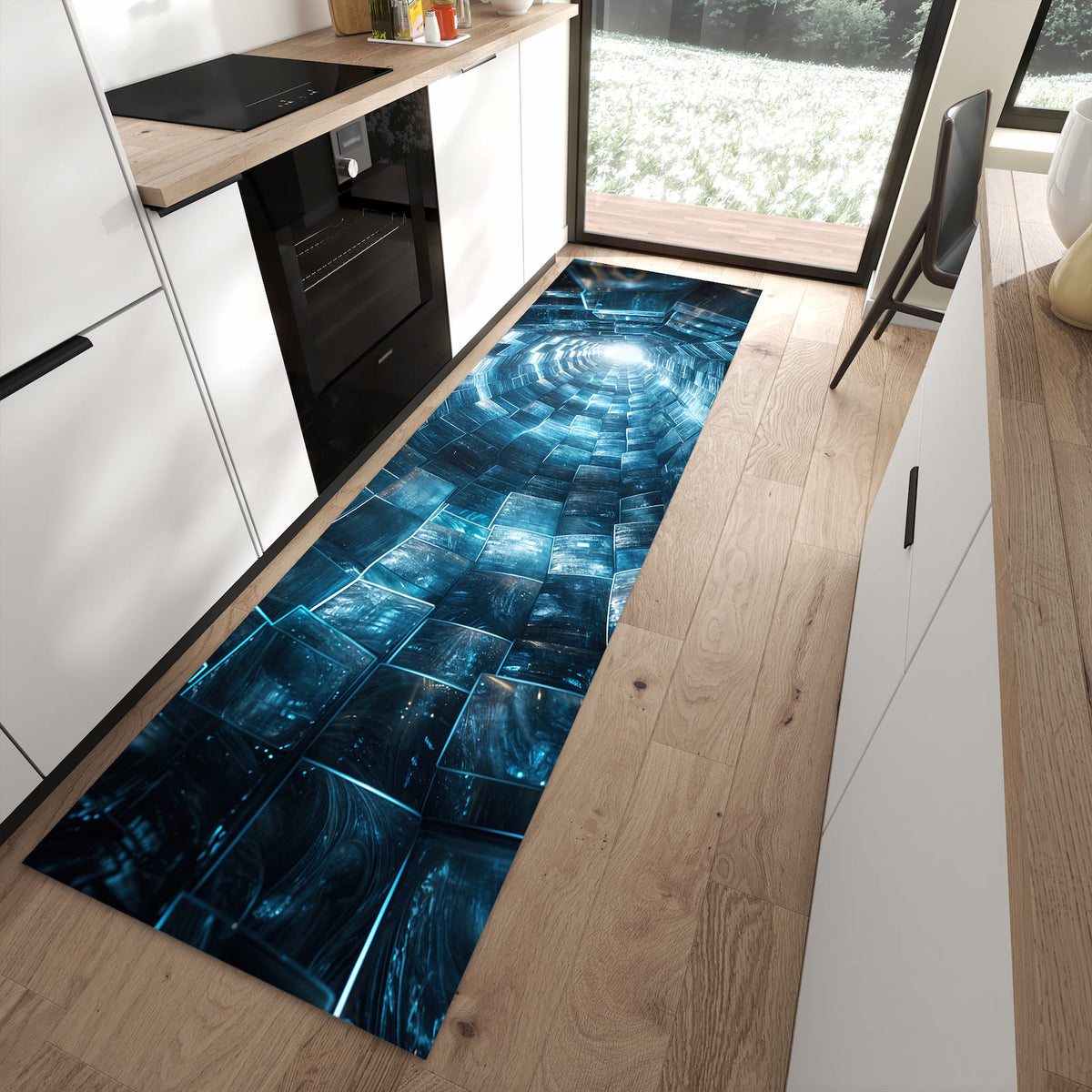 UV-beständiger Küchenläufer mit Motiv Futuristischer Tunnel in moderner Küche - waschbar