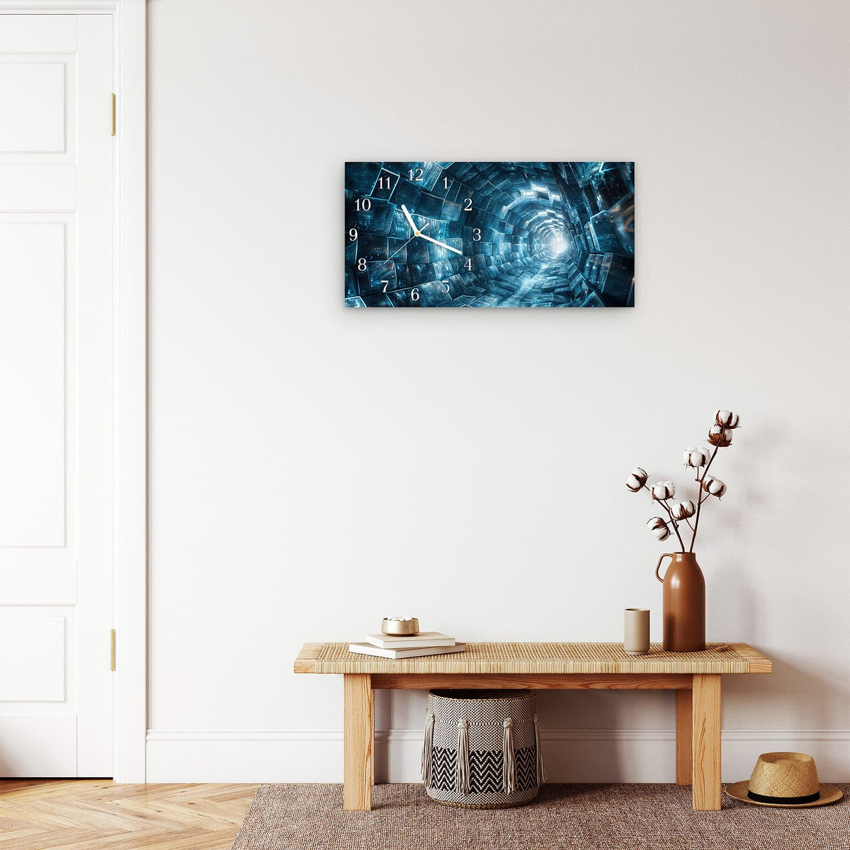 Moderne Wanduhr aus Glas mit Farbtiefe – Wanduhr Futuristischer Tunnel aus Glas – Querformat 60 × 30 cm