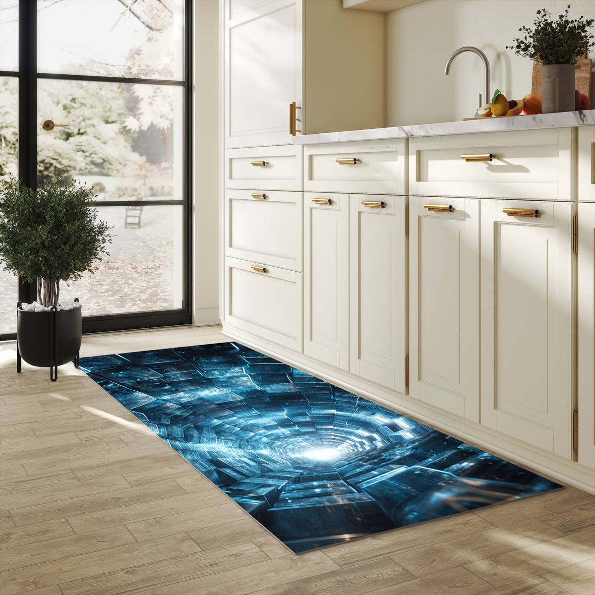 Bodenschonender Läufer für die Küche mit Motiv Futuristischer Tunnel in heller Küche