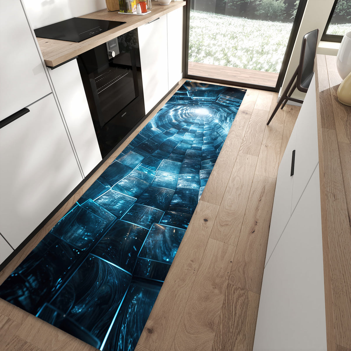 Komfortabler Küchenläufer mit Motiv Futuristischer Tunnel in moderner Küche
