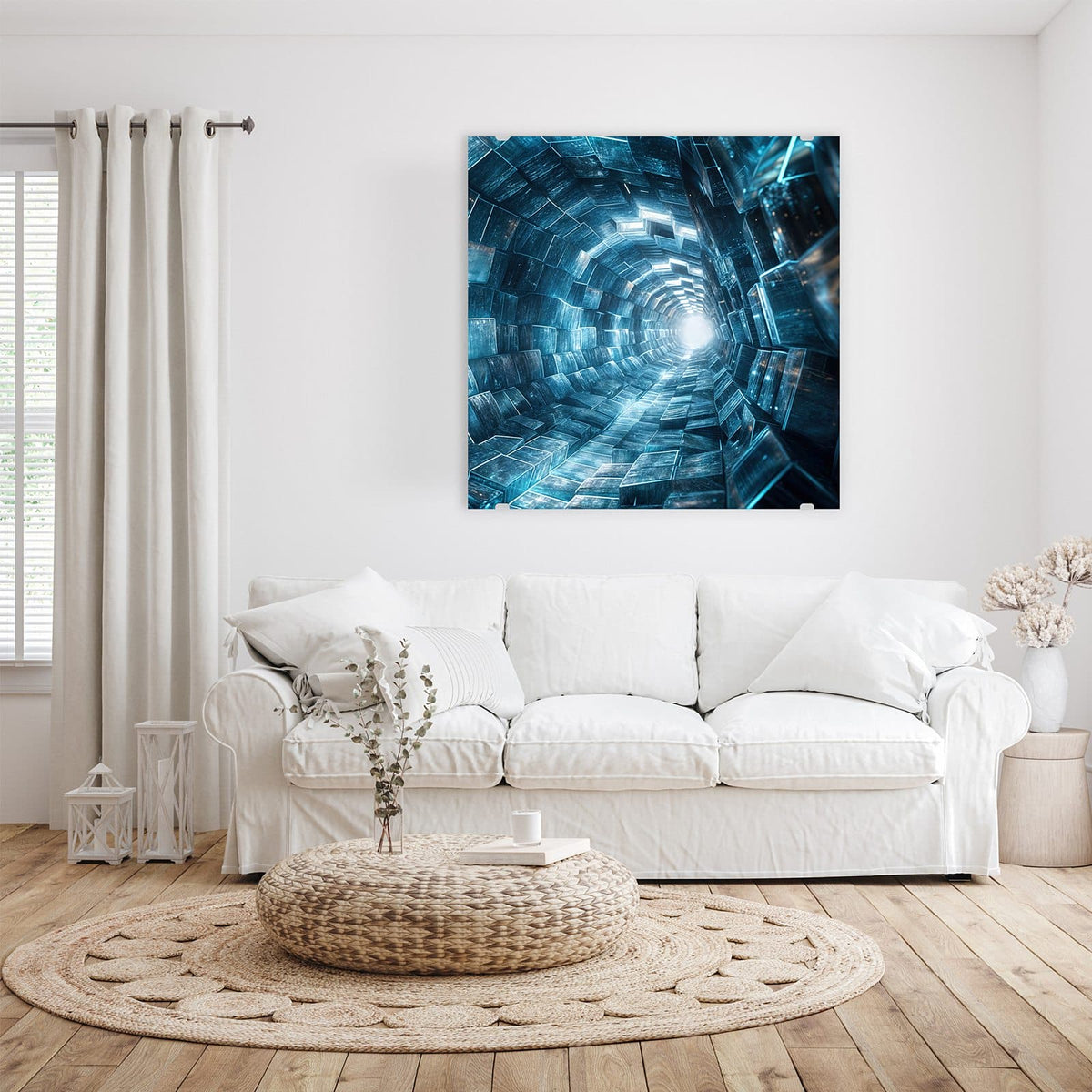 Röhre aus blau schimmernden Metallplatten mit hellem Licht am Ende
