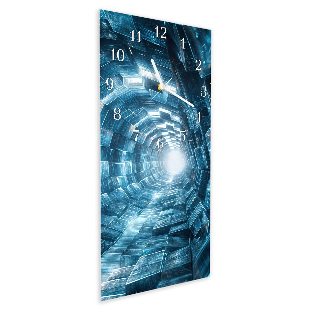Vormontiert – mit Schwebeeffekt – Wanduhr Futuristischer Tunnel aus Glas – Hochformat 30 × 60 cm