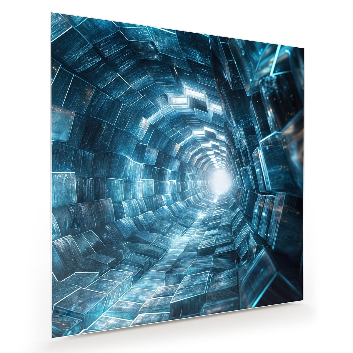 Röhre aus blau schimmernden Metallplatten mit hellem Licht am Ende