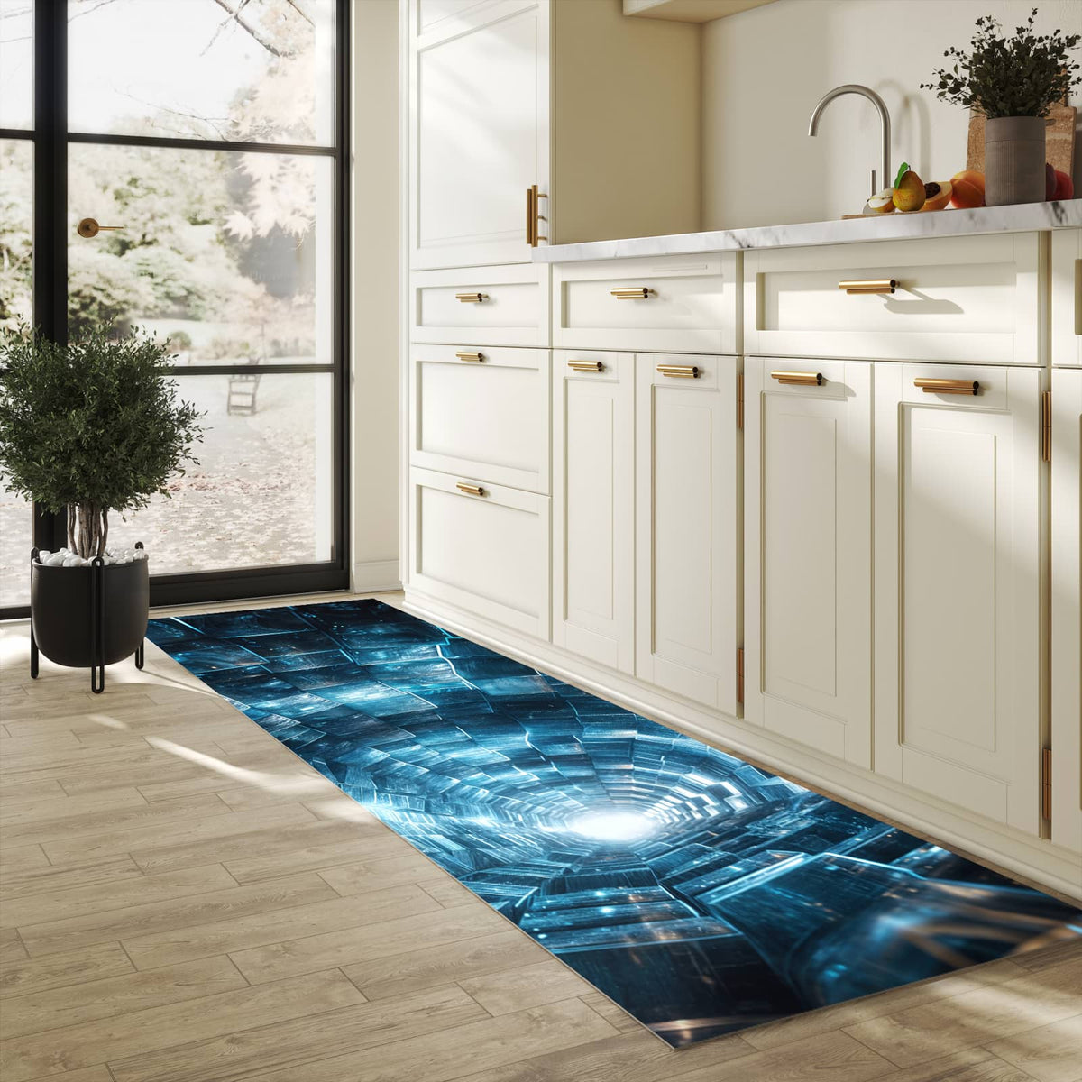 Bodenschonender Küchenteppich mit Motiv Futuristischer Tunnel in heller Küche